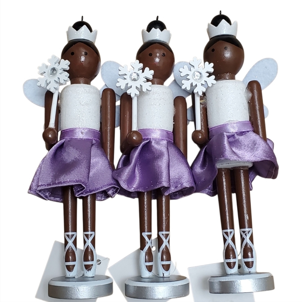 Christmas Tree Orniments Sparkling Set Of 3 Wooden Fairy Princess Figurines - Picture 10 of 12